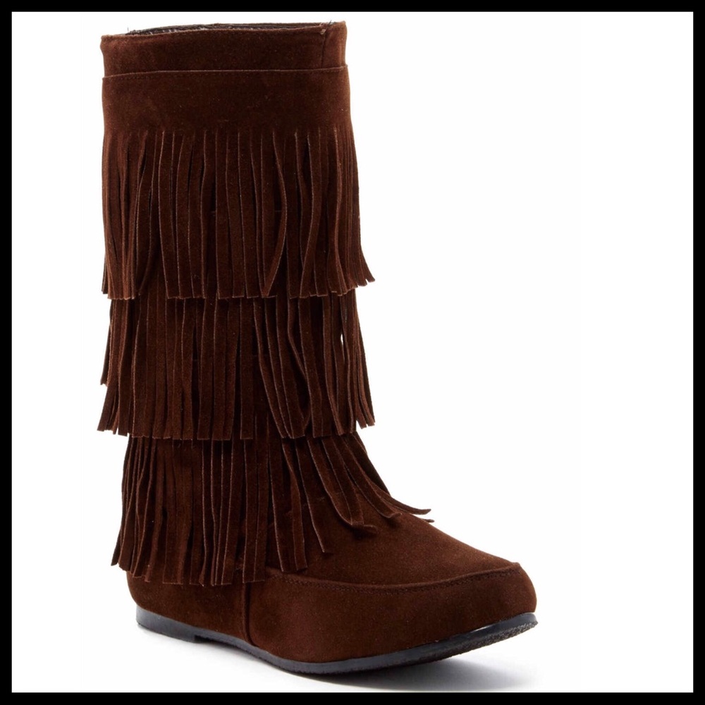 BROWN VEGAN SUEDE BOHO TASSEL FRINGE TRIM BOOTS - Picture 8 of 8